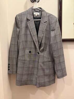 Calvin Klein Houndstooth Blazer Womens 14 Black White Check Career Jacket NWOT